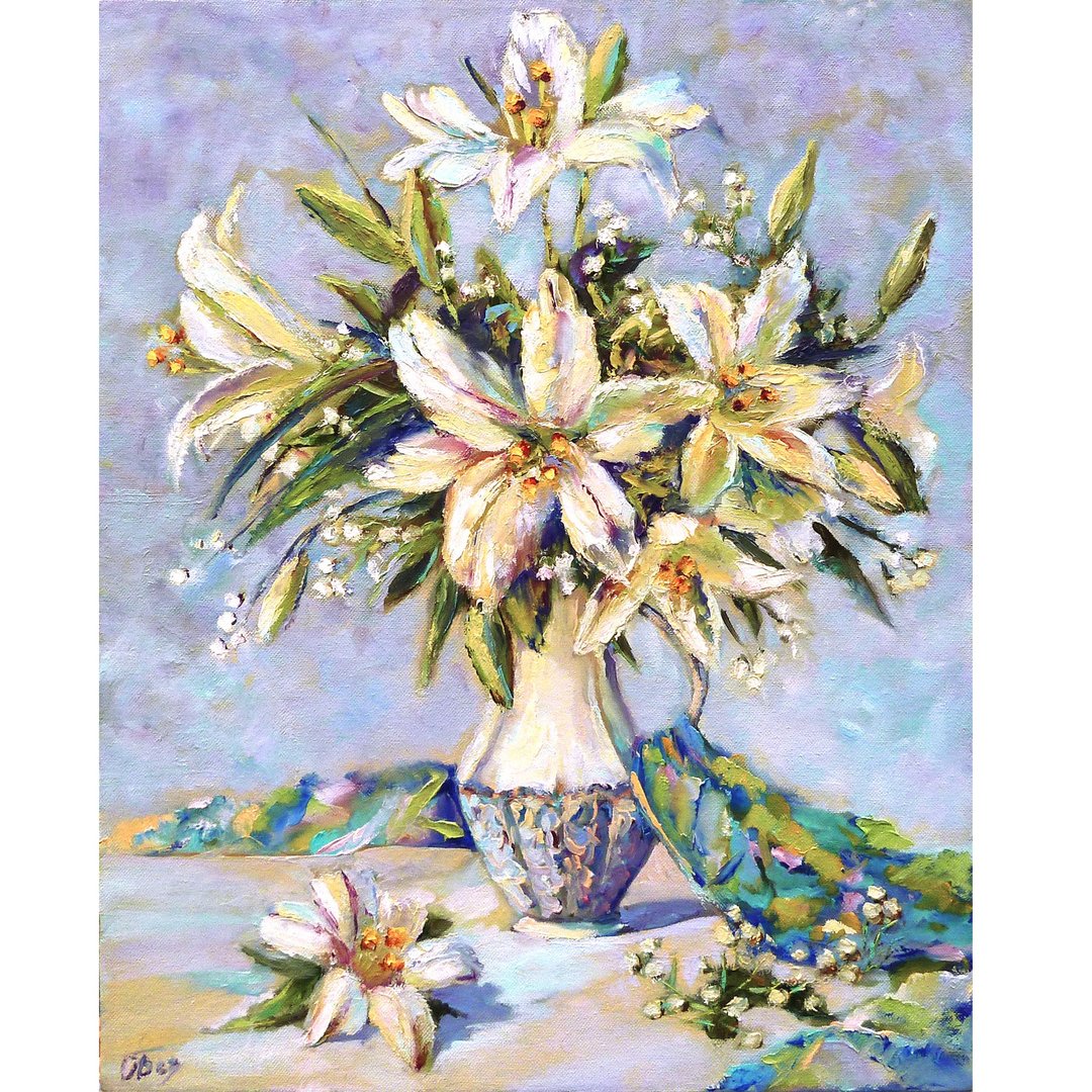 White lily painting on canvas- Original floral art- Flowers still life 40 x 50 - 海报/装饰画/版画 - 棉 透明
