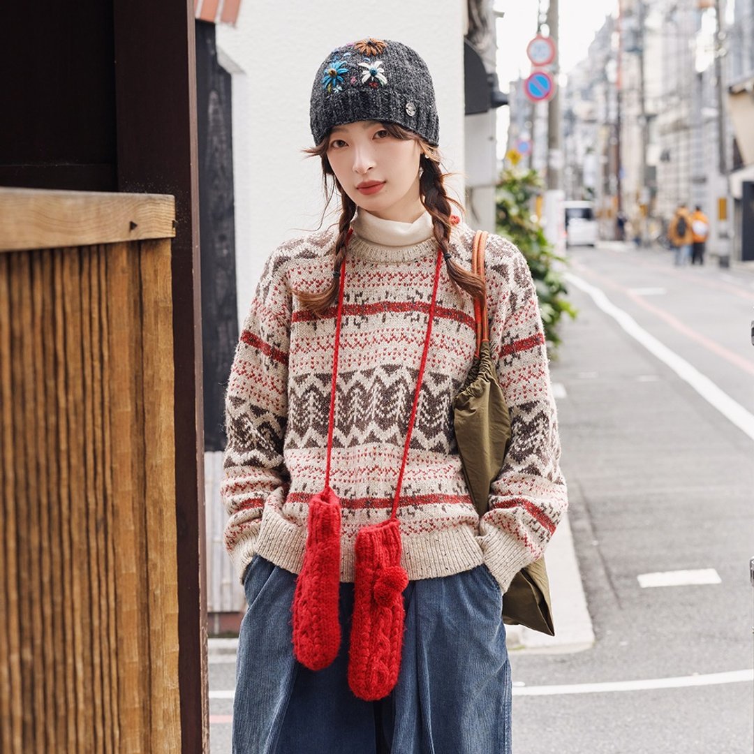圆领费尔岛提花毛衣|针织衫|冬款|Sora-1738 - 女装针织衫/毛衣 - 羊毛 多色