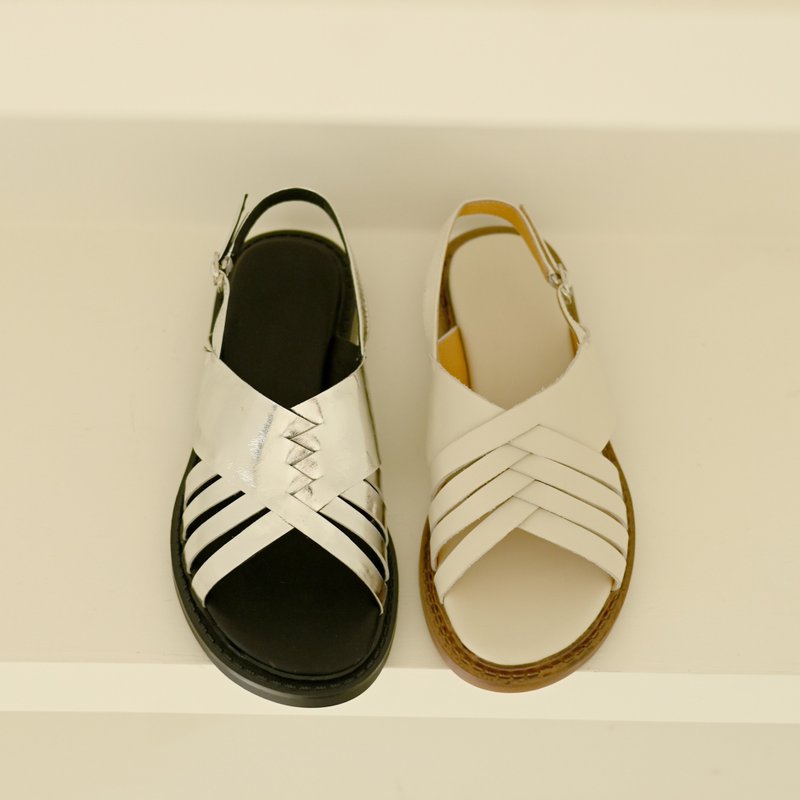 鱼骨结构-露趾凉鞋-银色 - 男女凉鞋 - 真皮 白色