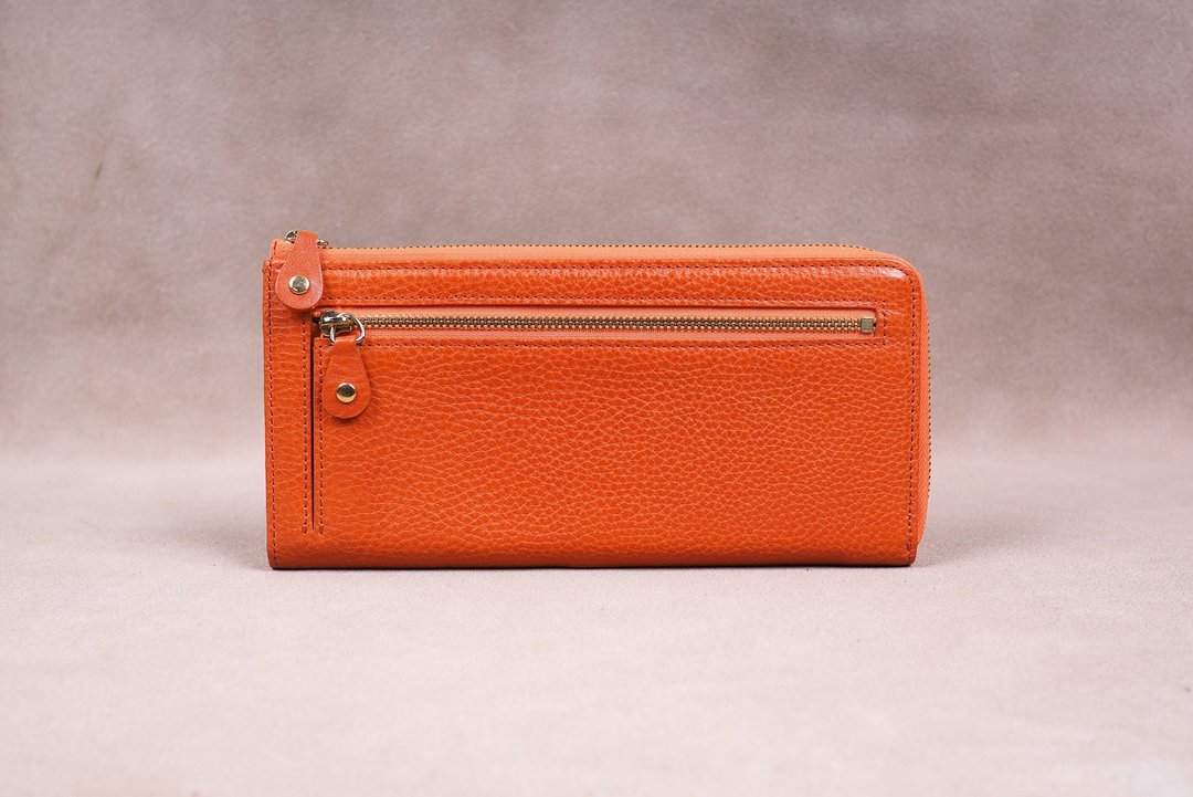Italian Vegetable Genuine Leather Lady Long Wallet Zipper Wallet Purs Orang - 皮夹/钱包 - 真皮 橘色