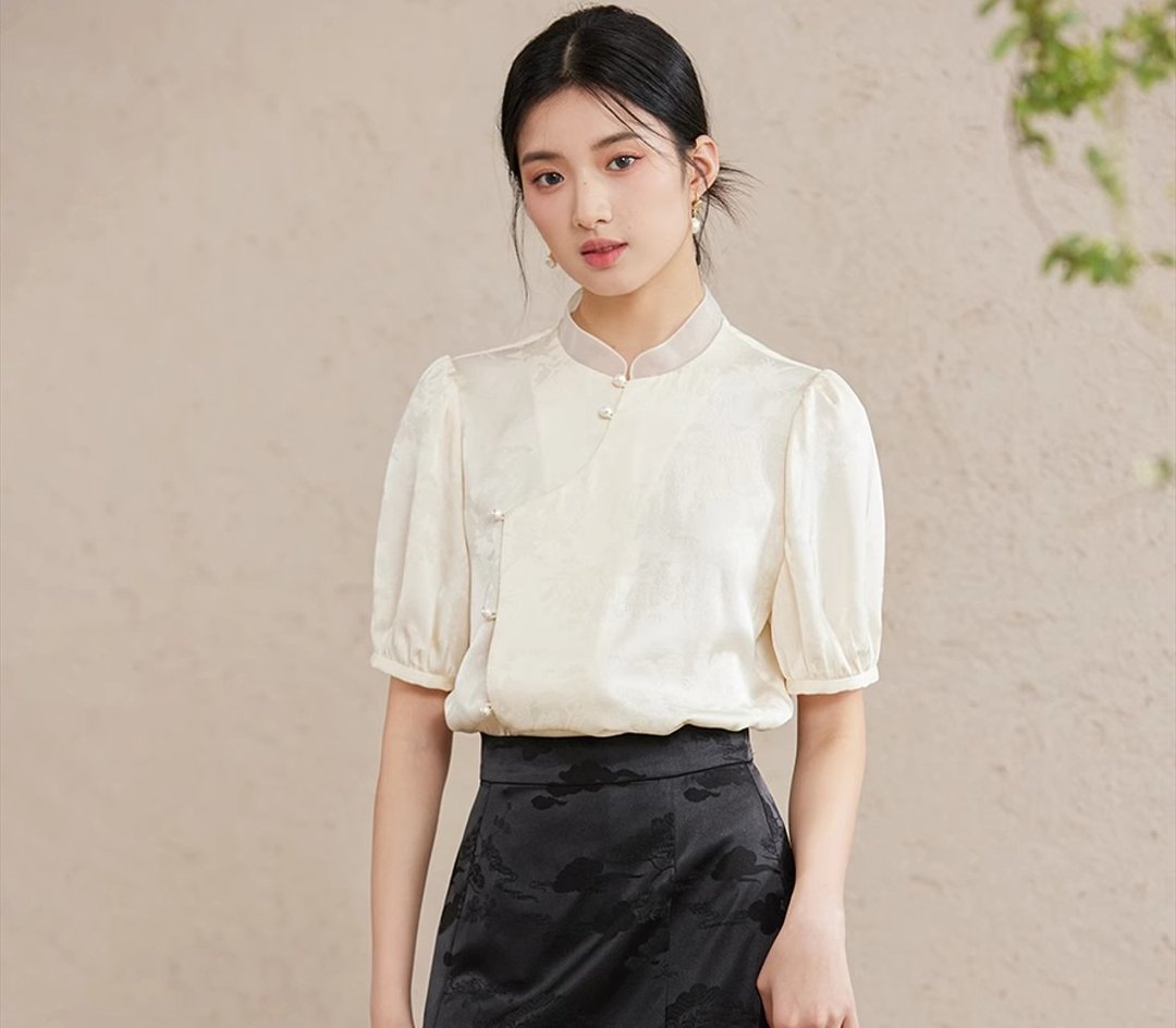 新中式复古中國風 提花杏色立领 衬衫/半裙 - 女装衬衫 - 丝．绢 白色