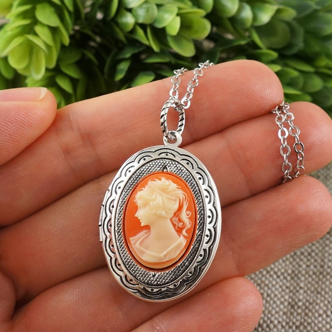 Ivory Fire Red Girl Lady Cameo Oval Locket Victorian Pendant Necklace Jewelry - 项链 - 其他材质 橘色
