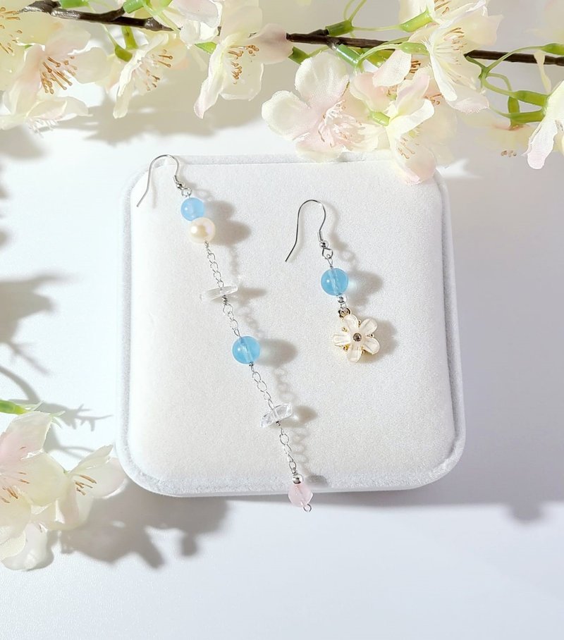 缤纷柔和 - 天然海蓝宝/粉晶/白水晶/白珍珠耳环 - 耳环/耳夹 - 水晶 