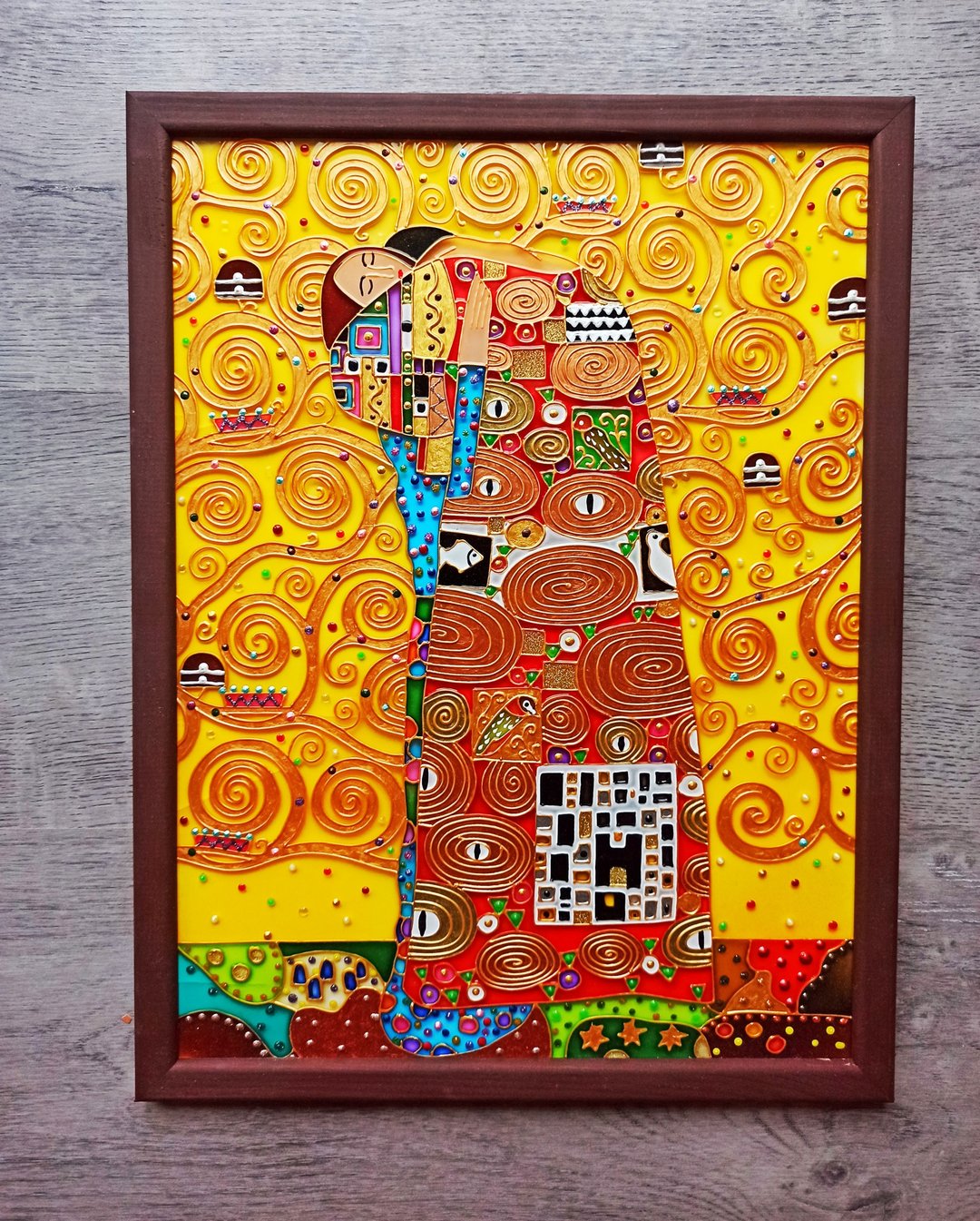生命之树古斯塔夫*克里姆特恋人在一棵树下彩绘玻璃原画 - 墙贴/壁贴 - 玻璃 金色