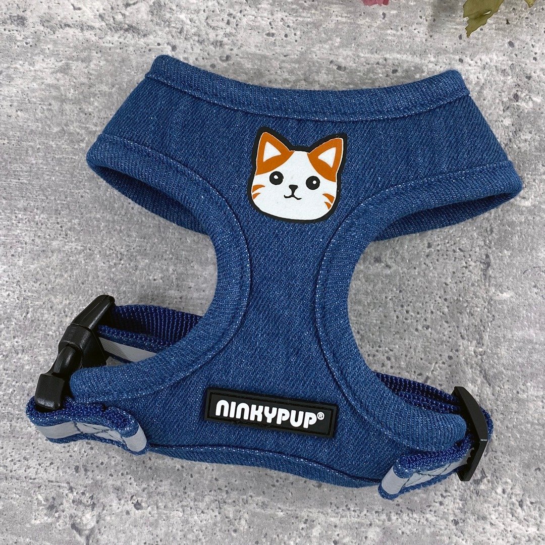 反光猫咪胸背带 胸背衣 猫咪牵绳 定制姓名电话 手工订制牛仔布料 - 项圈/牵绳 - 棉 蓝色
