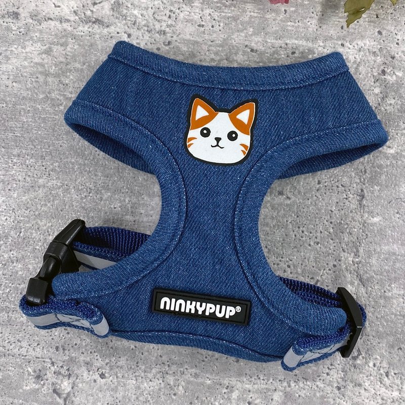反光猫咪胸背带 胸背衣 猫咪牵绳 定制姓名电话 手工订制牛仔布料 - 项圈/牵绳 - 棉 蓝色
