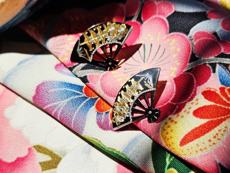 现货在台 - 日本大马士革风纯银扇形耳栓【日本老件时尚珠宝】 - 耳环/耳夹 - 纯银 黑色