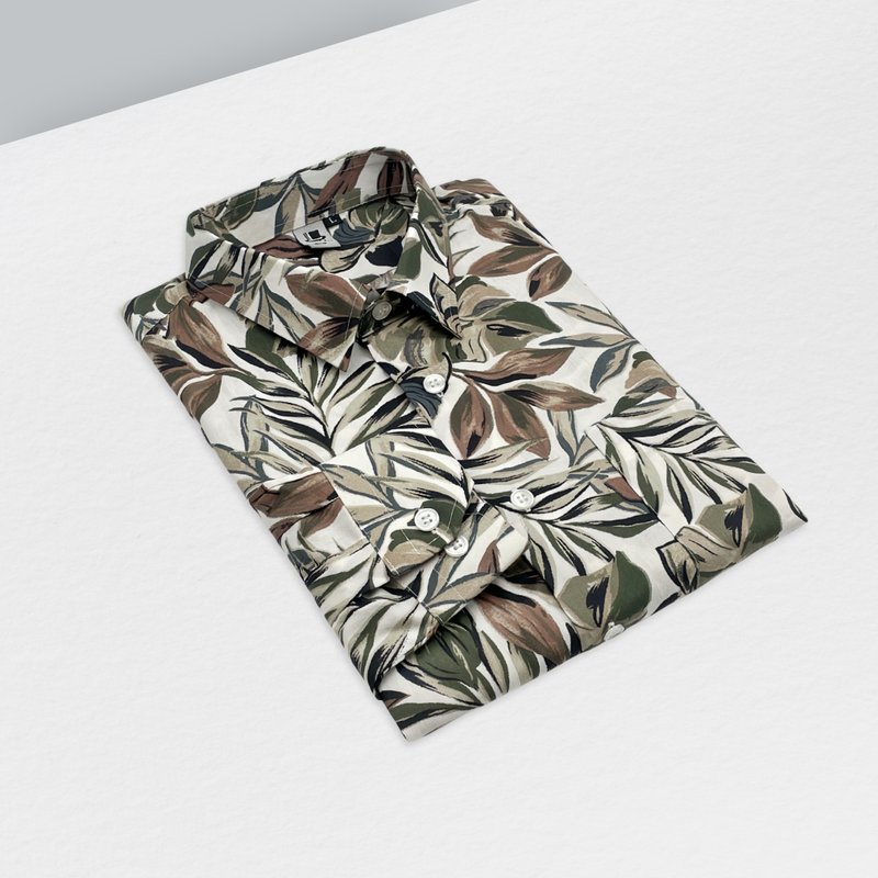 棕绿大叶衬衫 - 男装衬衫 - 棉．麻 卡其色
