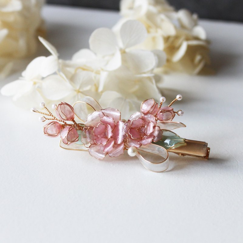 【玫瑰花缎带发夹】玫瑰发夹 手工铜线树脂缎带 发夹发饰 - 发饰 - 树脂 粉红色