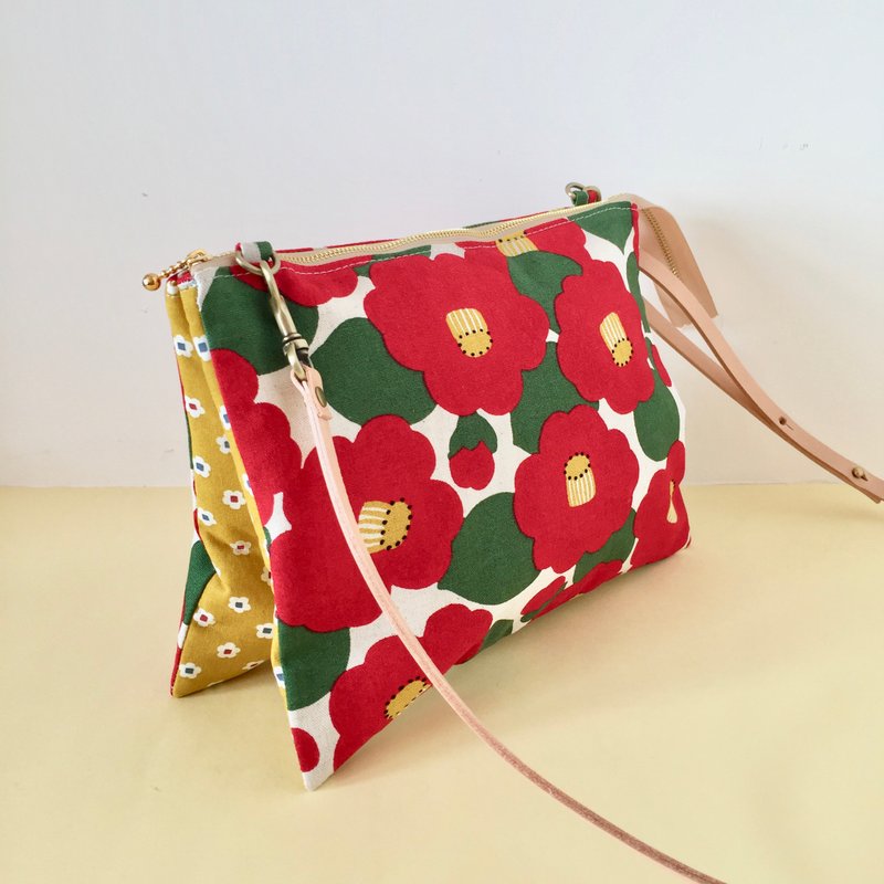 斜背包 可扩充 三层 单拉链 真皮 可调式 皮带 拼布 - 侧背包/斜挎包 - 棉．麻 红色