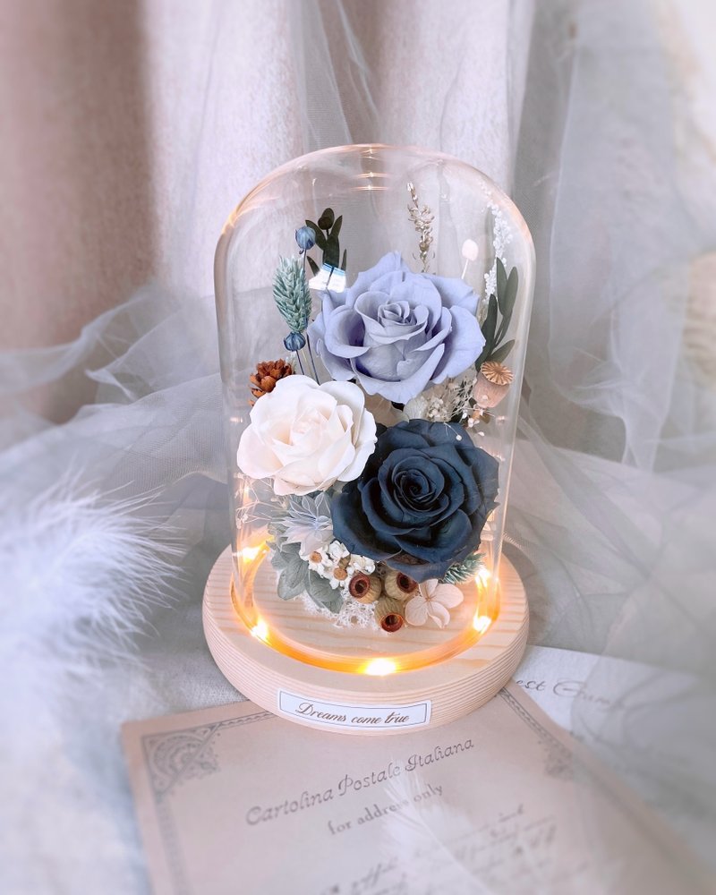 永生花玻璃盅-典雅雾灰蓝 l 日本玫瑰 干燥花玻璃罩 永生花玻璃罩 - 干燥花/捧花 - 植物．花 蓝色
