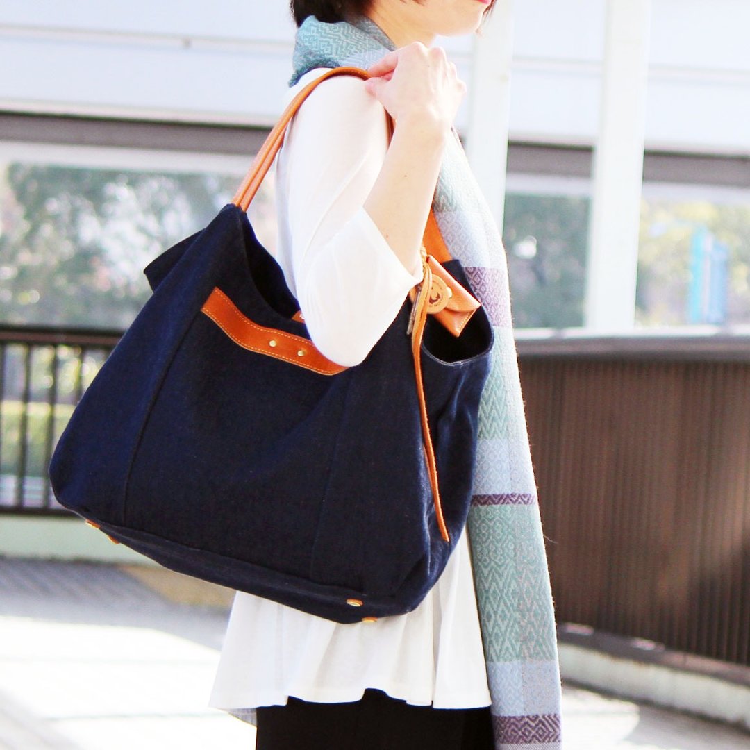 tanton denim-Camel denim x leather bag - 手提包/手提袋 - 棉 蓝色