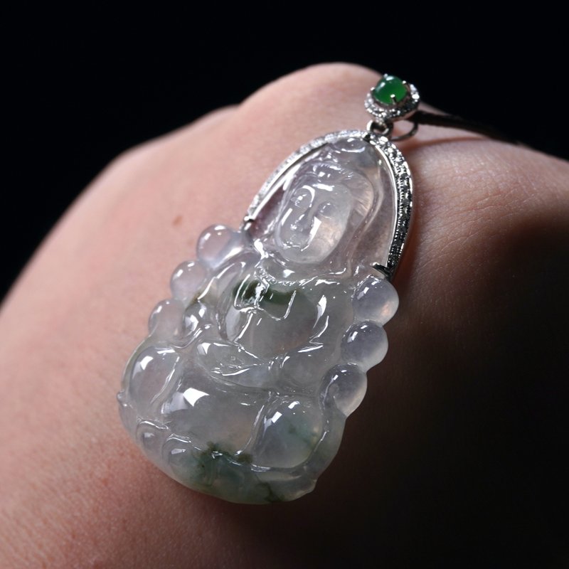 玻璃种飘花翡翠观音菩萨项链18K金钻石| 天然缅甸玉翡翠A货| 送礼 - 项链 - 玉石 多色