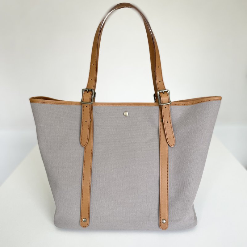 2way length adjustment 2 pieces pasted cowhide handle and No. 6 canvas tote bag [gray] - 手提包/手提袋 - 棉 灰色