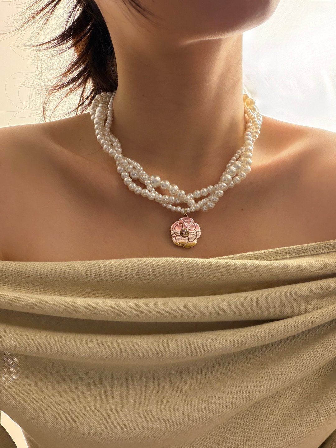 Reworked Chanel 香奈儿经典山茶花 三层珍珠锁骨链 珍珠链赫本风 - 项链 - 珍珠 白色
