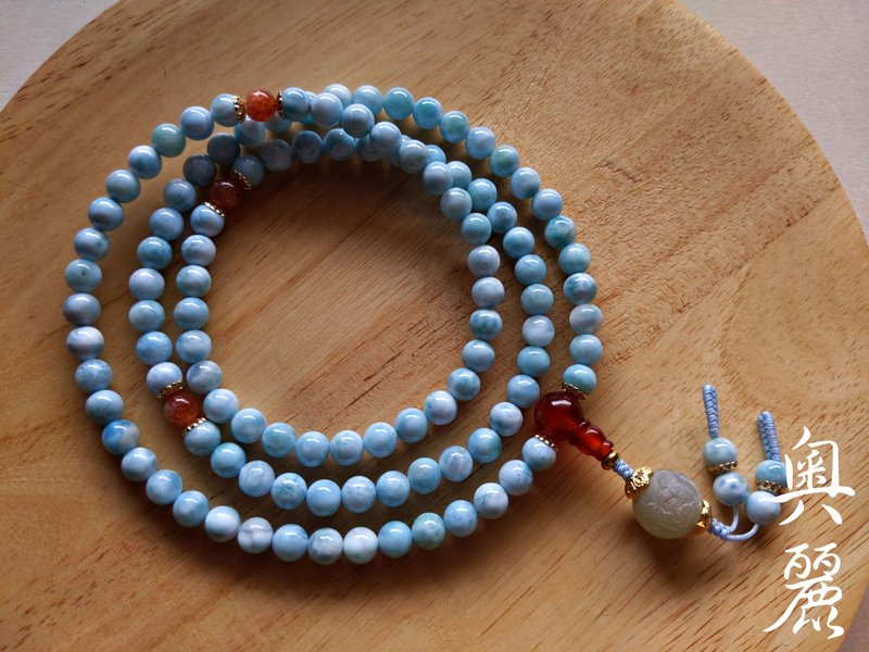 ORLI Jewelry 天然拉利玛108颗念珠 拉利玛海纹石 和阗玉牡丹花珠 - 项链 - 宝石 蓝色