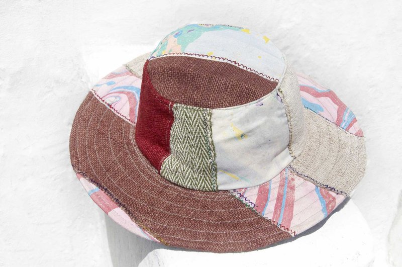 摩洛哥风拼接手织棉麻帽 编织帽 渔夫帽 遮阳帽 草帽-粉红水彩盘 - 帽子 - 棉．麻 多色