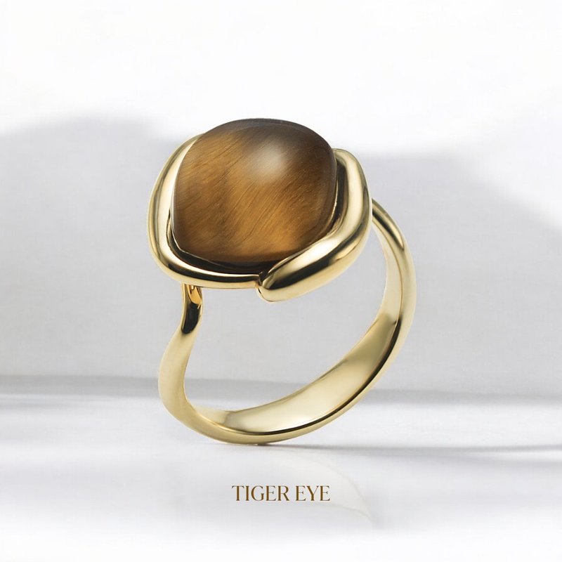 天然宝石结合虎眼石戒指 - 戒指 - 纯银 咖啡色