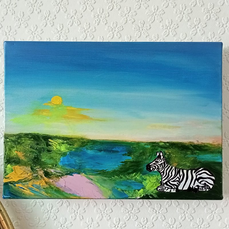 帆布挂画斑马森林100%原创手绘野生斑马观日出景观画 - 墙贴/壁贴 - 棉．麻 多色