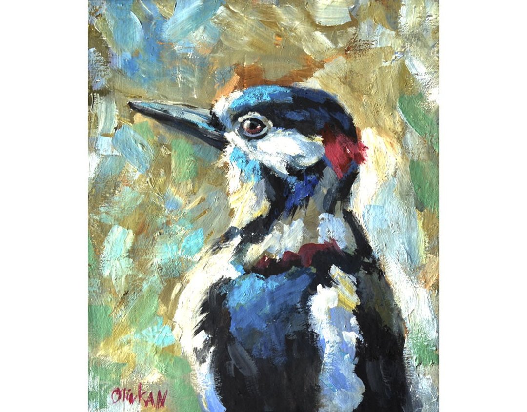 Woodpecker Original Painting Bird Oil Art Small Nature Artwork Woodpecker Art - 海报/装饰画/版画 - 木头 多色