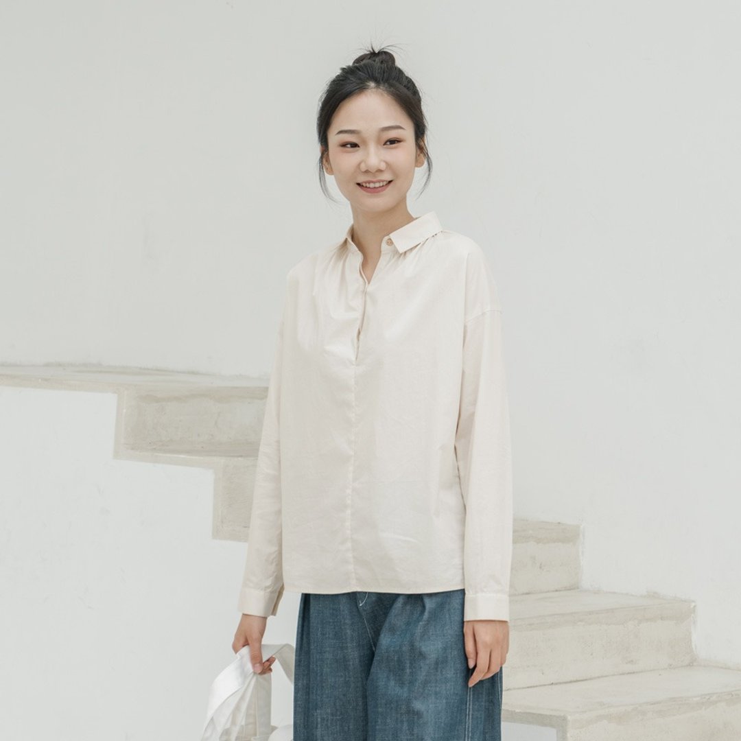 精梳棉質 女生復古套頭長袖襯衫 燈籠袖襯衣 茶白色 SH180425 - 女装衬衫 - 棉 白色