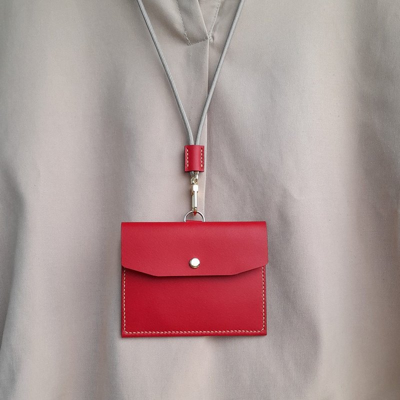 真皮名片夹 / 零钱包 / 卡套 / 手工制作 / 附可调颈绳 / 经典红 - 零钱包 - 真皮 