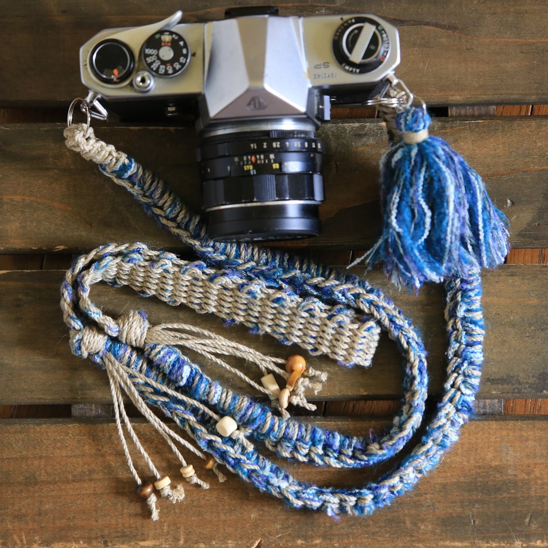 Hand-spun knit linen camera strap -blue / belt - 相机背带/脚架 - 棉 蓝色