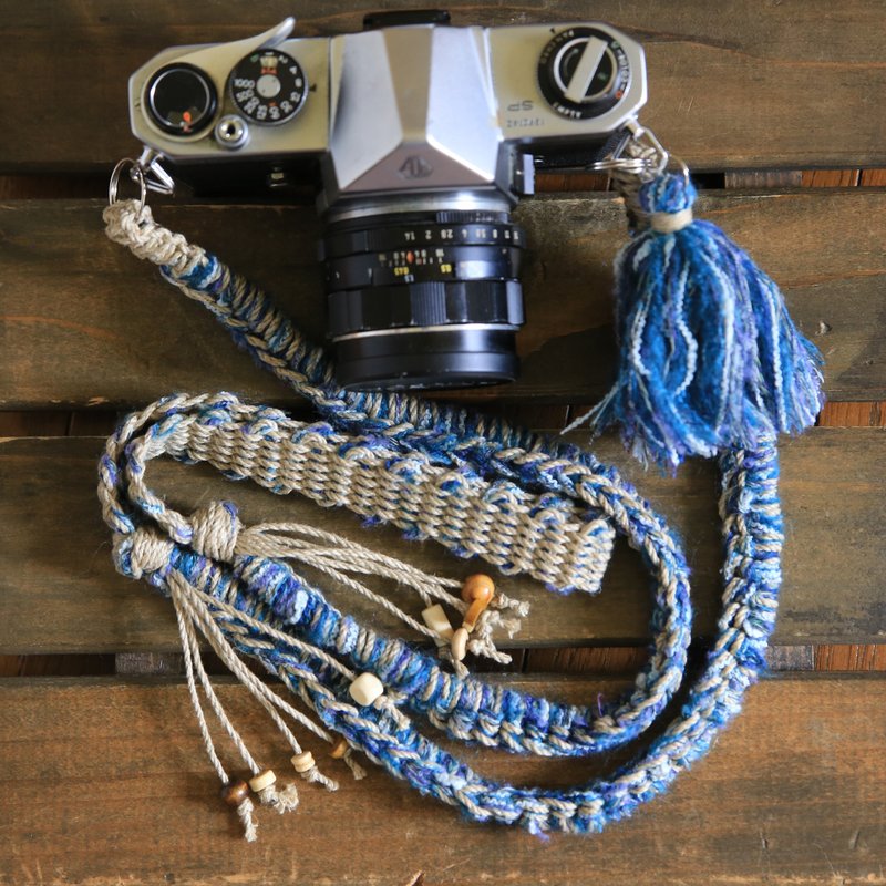 Hand-spun knit linen camera strap -blue / belt - 相机背带/脚架 - 棉．麻 蓝色
