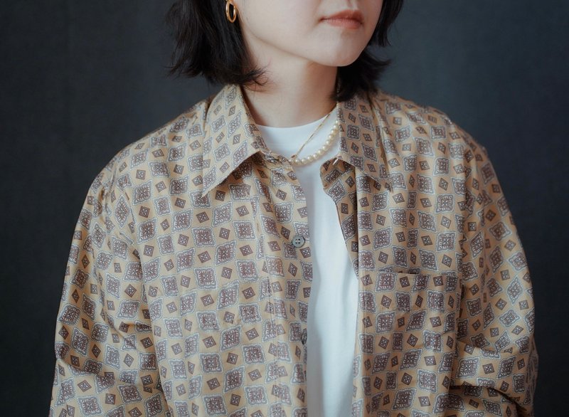 卡其真丝古董古着衬衫vintage母亲节 礼物 - 男装衬衫 - 其他材质 卡其色