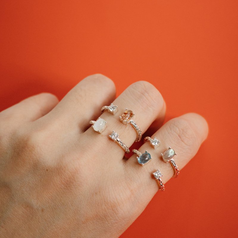 925纯银 爪镶天然宝石开口戒 海蓝宝 红发晶 月光石 灰月光 戒指 - 戒指 - 半宝石 多色