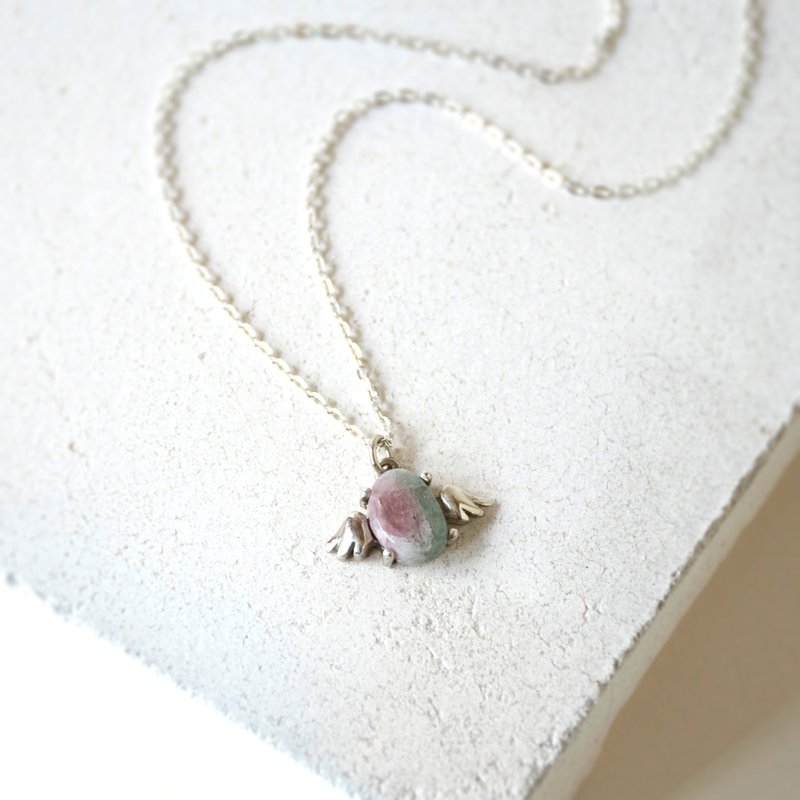 手制电气石(碧玺)天使之翼925银吊饰锁骨项链 // 十月份生日石 - 项链 - 宝石 多色