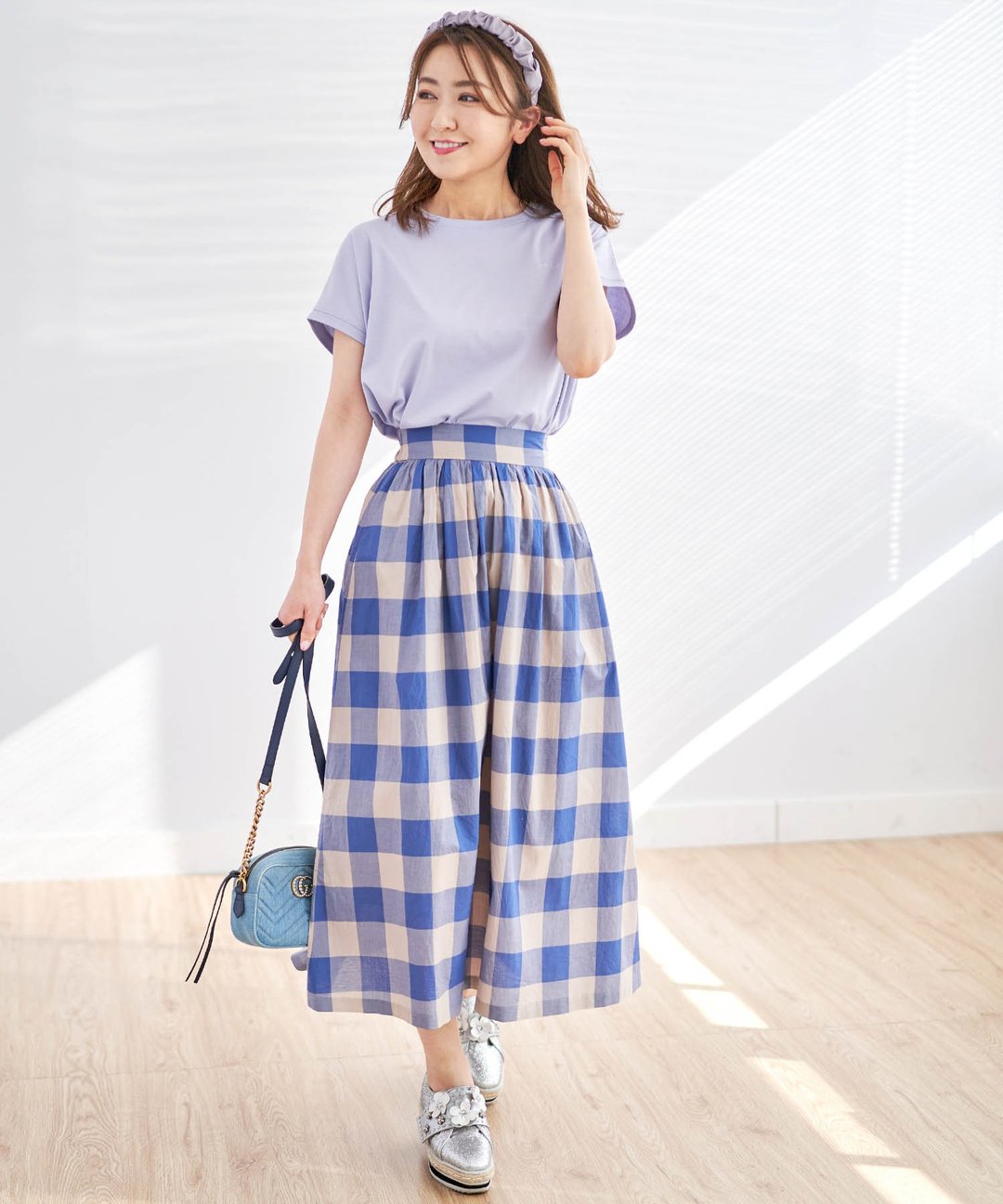 Skirt Made in Japan Cotton gather design Plaid / and Cherim - 裙子 - 棉 蓝色