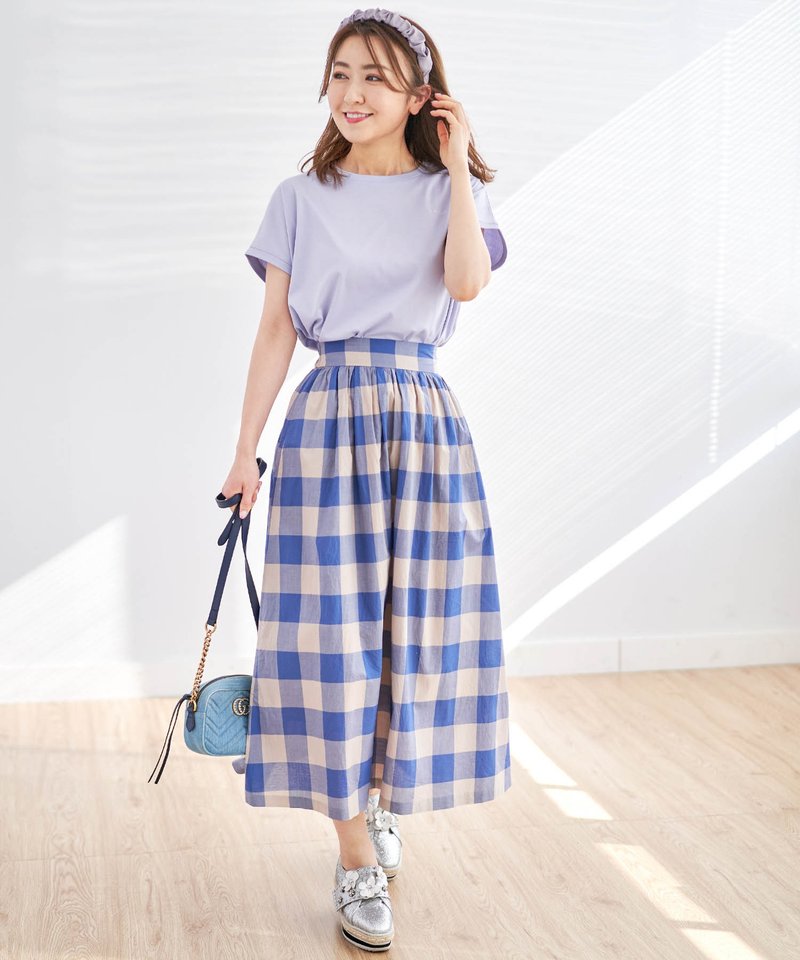Skirt Made in Japan Cotton gather design Plaid / and Cherim - 裙子 - 棉．麻 蓝色