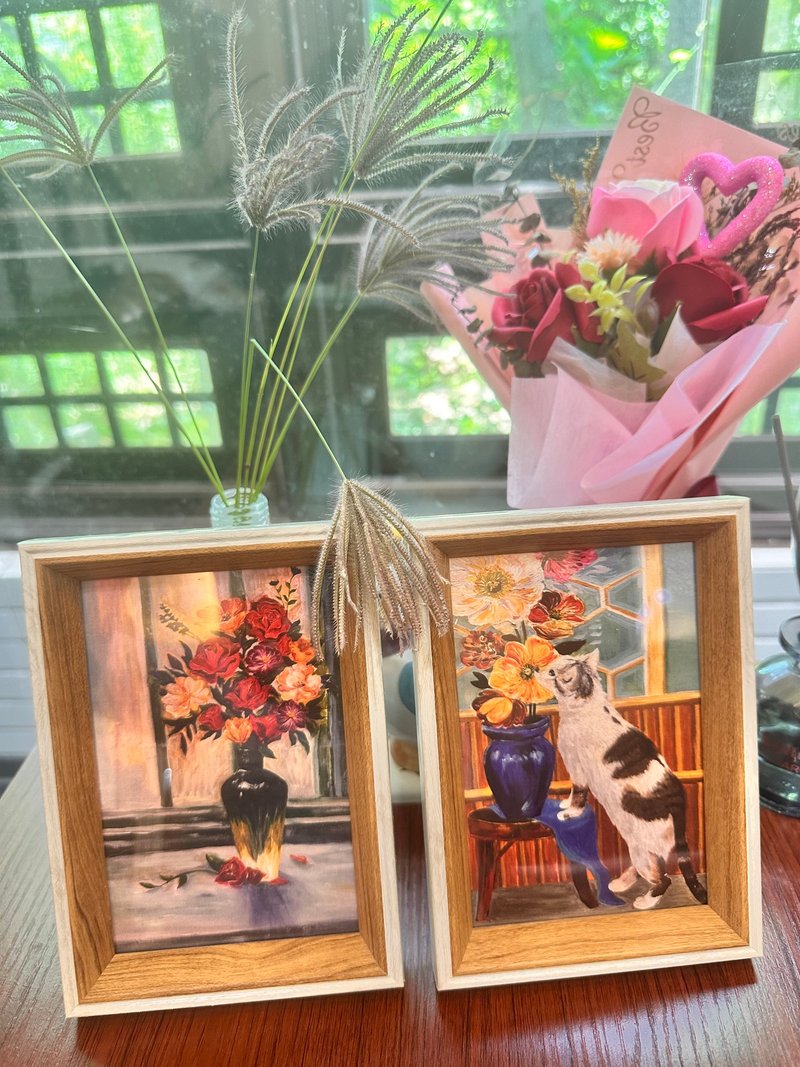 意树学院—原创油画相框一组 窗边花束+花与猫 - 画框/相框 - 其他材质 多色