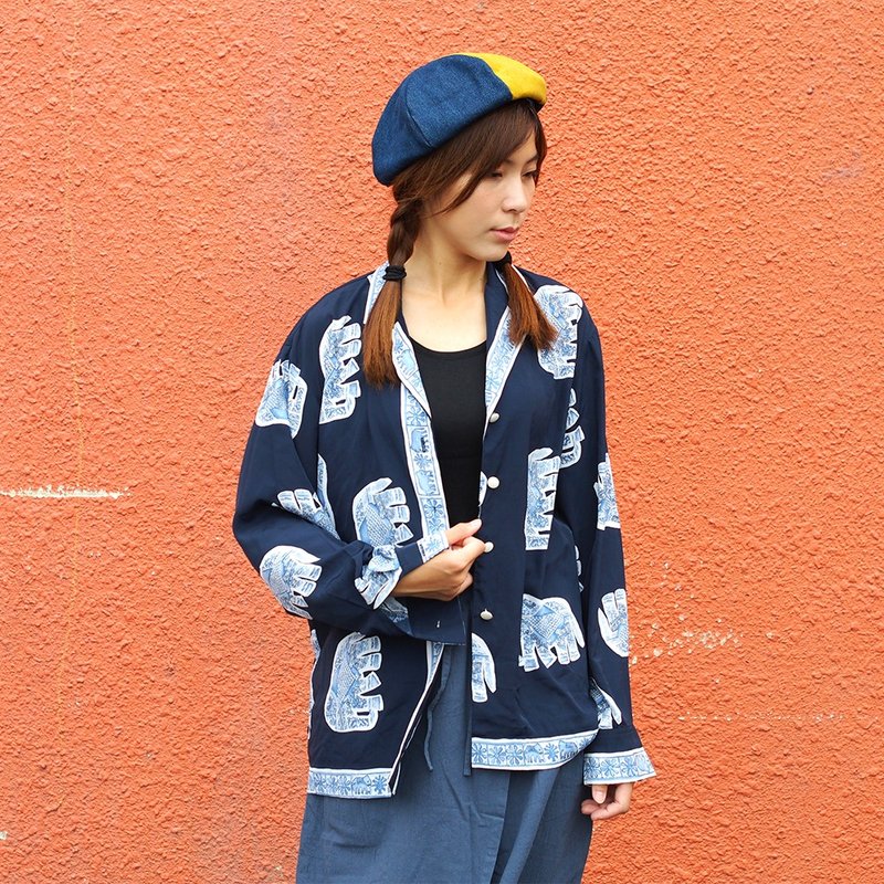 小牛村古着 中性 长袖衬衫 细致轻柔【青瓷大象】藏蓝【V-32】 - 女装衬衫 - 棉．麻 蓝色