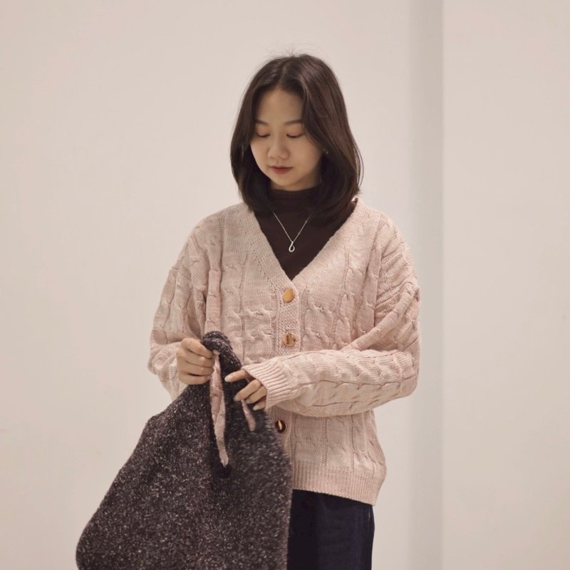 玉米目编织金扣针织外套 - 女装针织衫/毛衣 - 聚酯纤维 粉红色