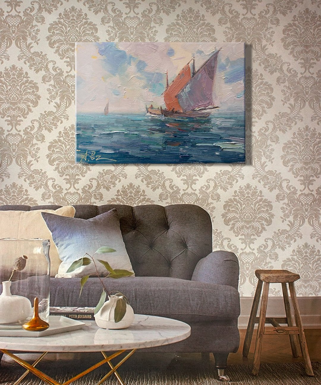 Impressionism Boat Sailing Ship Seascape Textured Oil Painting Nautical Decor - 墙贴/壁贴 - 亚麻 蓝色
