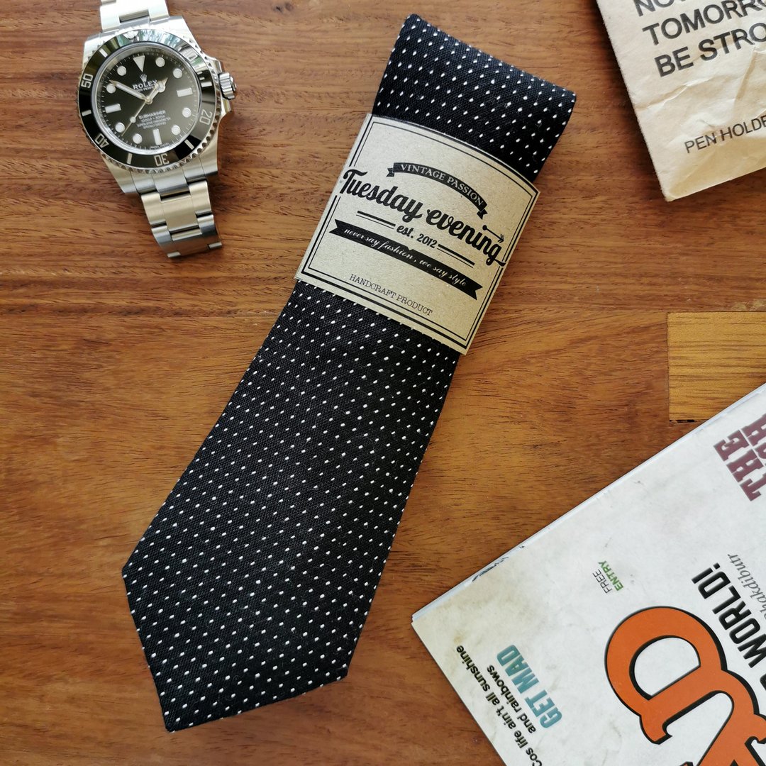Necktie Black Polka Dot - 领带/领带夹 - 棉 黑色