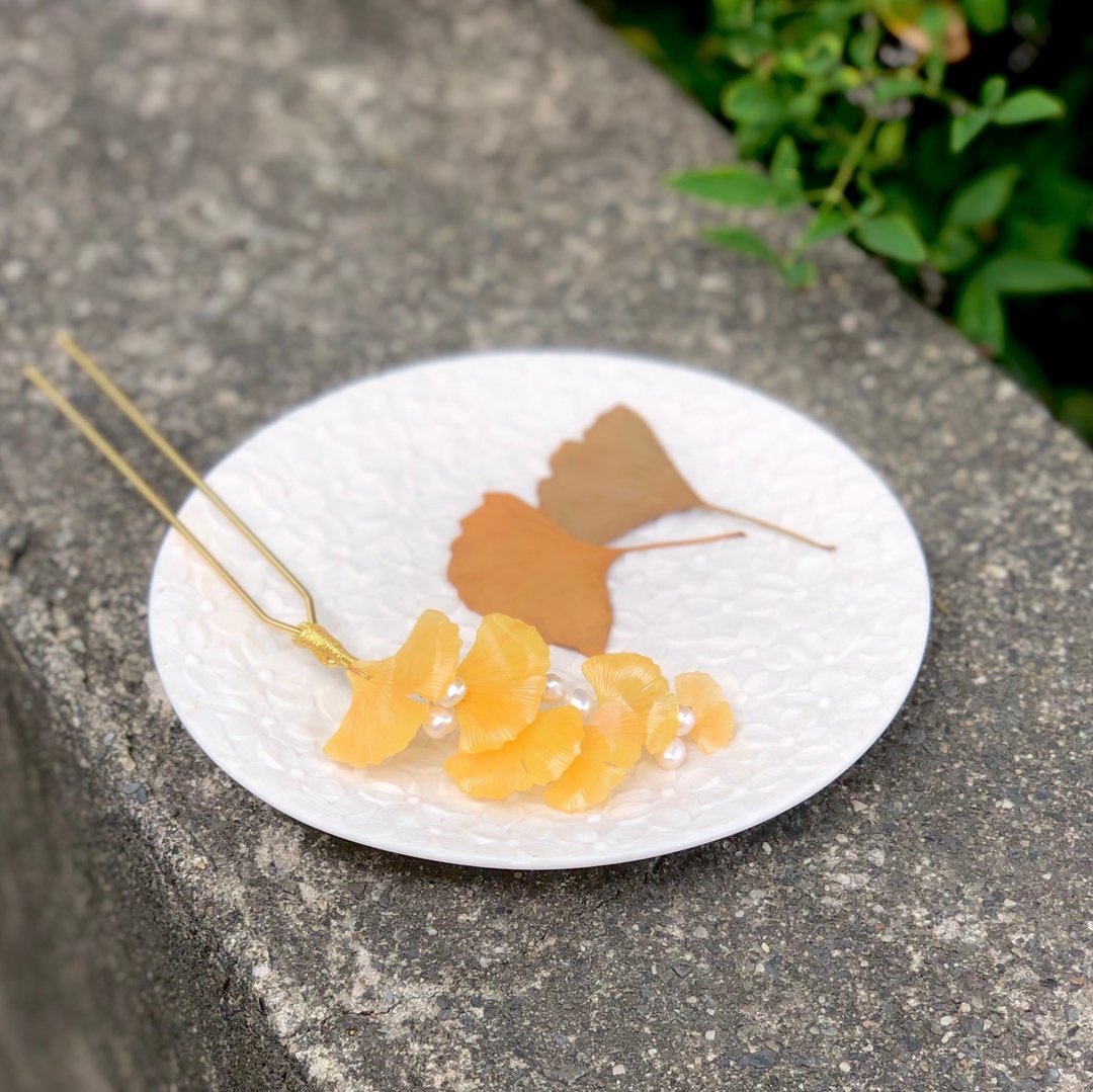 【若桑】秋季。银杏。天然珍珠。银杏发饰。Bridal Accessory。 - 发饰 - 树脂 黄色