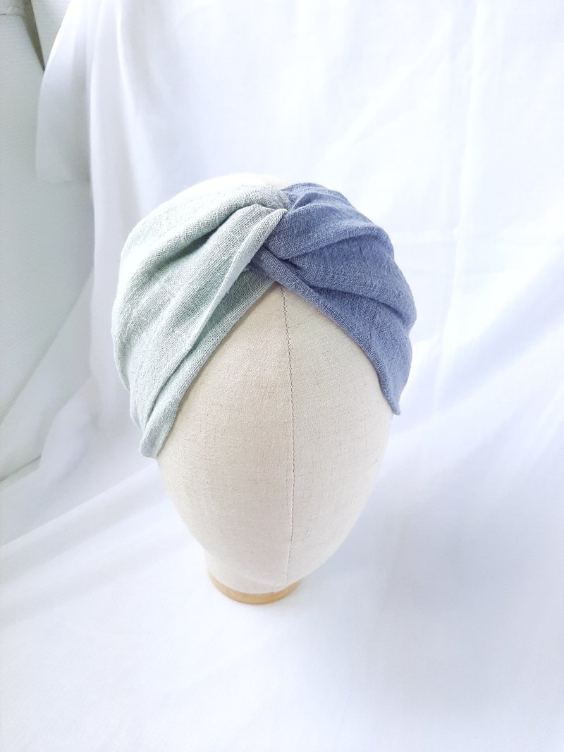 灰蓝湖绿双色头巾领巾式宽发带 - 发带/发箍 - 棉．麻 多色