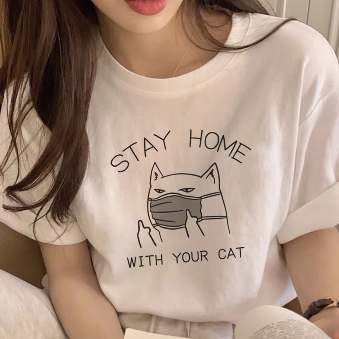 STAY HOME WITH YOUR CAT 中性短袖T恤 白色 跟你的猫咪待在家里 - 女装 T 恤 - 棉 白色