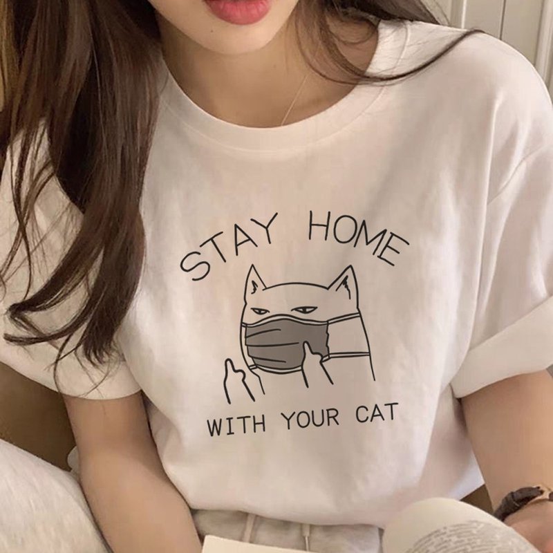STAY HOME WITH YOUR CAT 中性短袖T恤 白色 跟你的猫咪待在家里 - 女装 T 恤 - 棉．麻 白色
