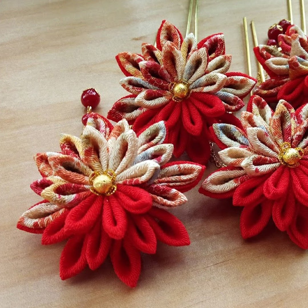 【八重菊花玉石坠单花簪】 发饰 和服布料 重瓣 つまみ细工 - 发饰 - 聚酯纤维 红色