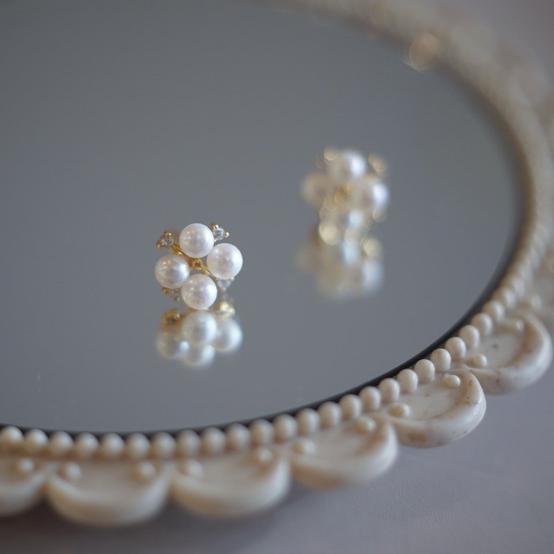 波尔多风情 四珠珍珠耳钉耳环 - 耳环/耳夹 - 珍珠 金色