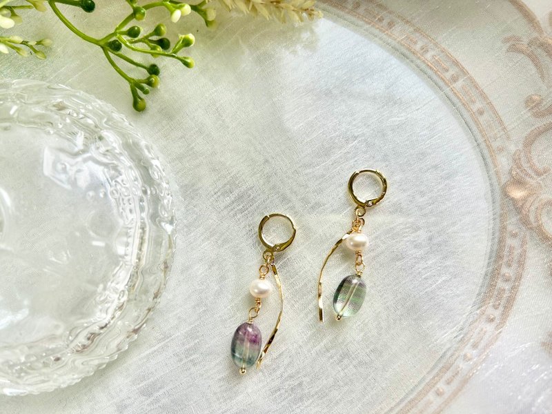 萤石耳环 椭圆萤石 淡水珍珠耳环 淡水珍珠 手作饰品 手作耳环 - 耳环/耳夹 - 宝石 多色