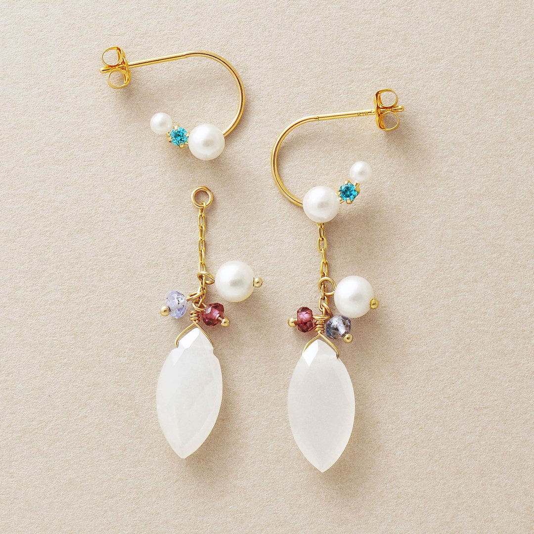 【WEB Only】 【Palette】 18K/10K 月光石坠饰耳环套组 (黄金) - 耳环/耳夹 - 贵金属 
