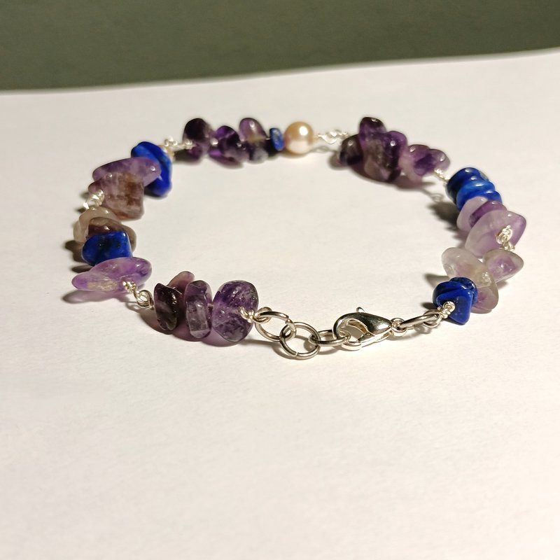 浅紫晶 青金石 水晶珍珠 银色金属线手链 - 手链/手环 - 铜/黄铜 紫色