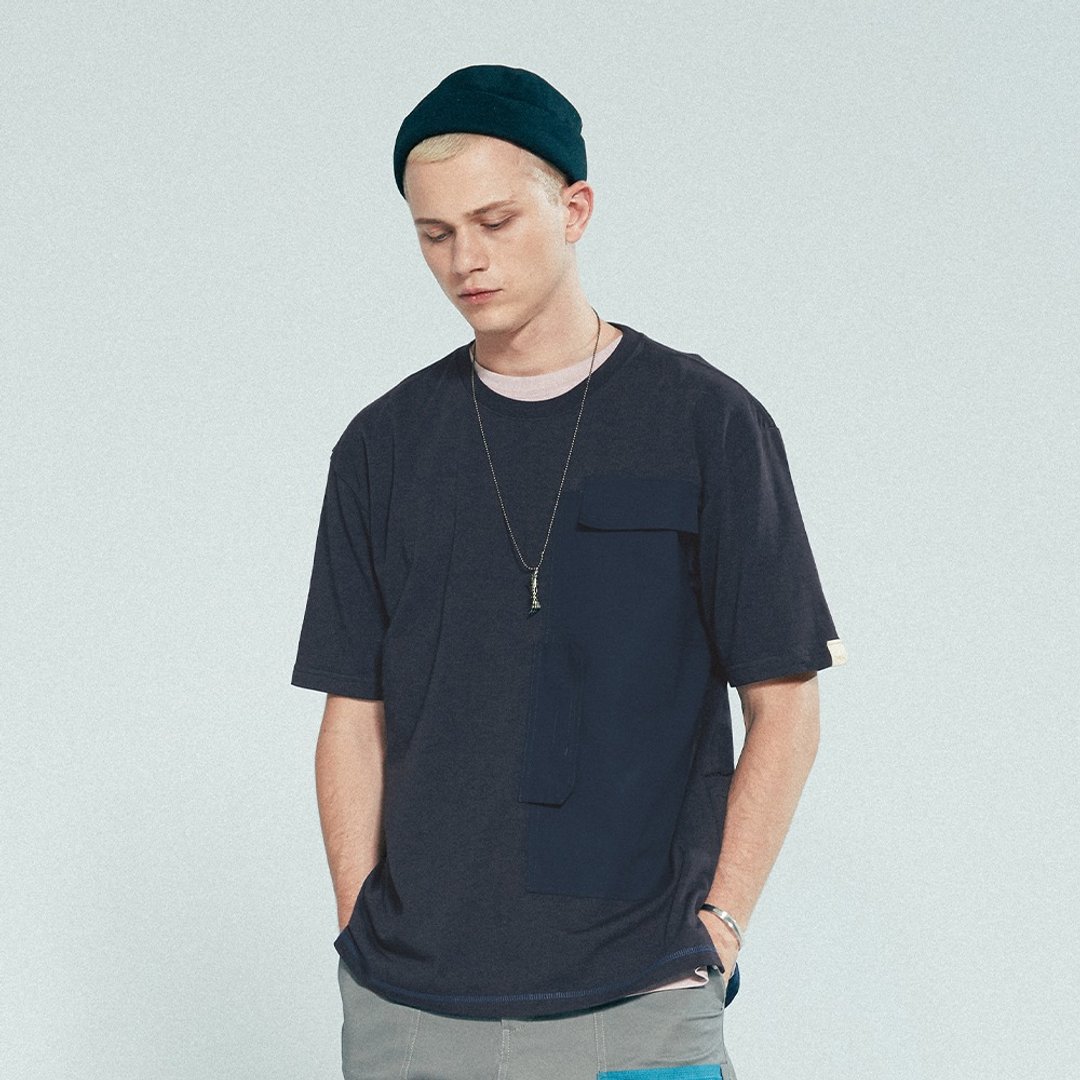 Patchwork Tool Bag Tee 藏蓝做旧感工具袋拼接山系工装短袖T恤 - 男装上衣/T 恤 - 棉 