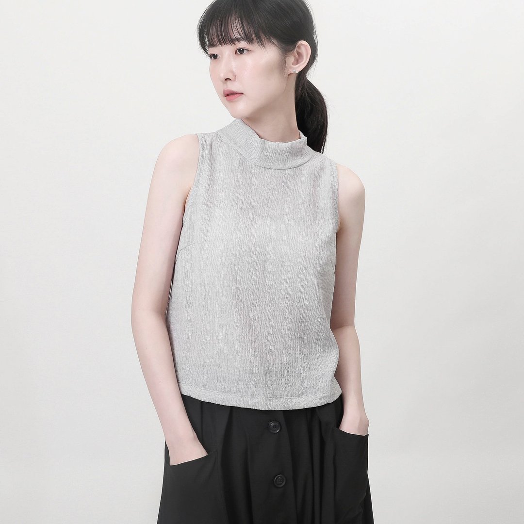 Image_形象立领皱褶背心_9SF008_灰 - 女装背心 - 棉 灰色