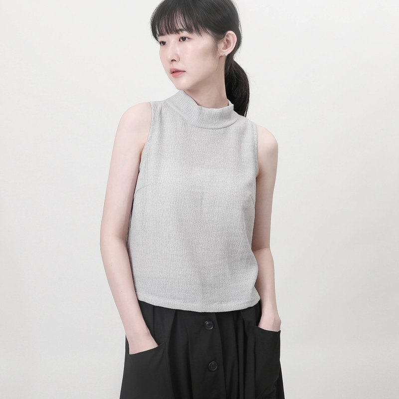 Image_形象立领皱褶背心_9SF008_灰 - 女装背心 - 棉．麻 灰色